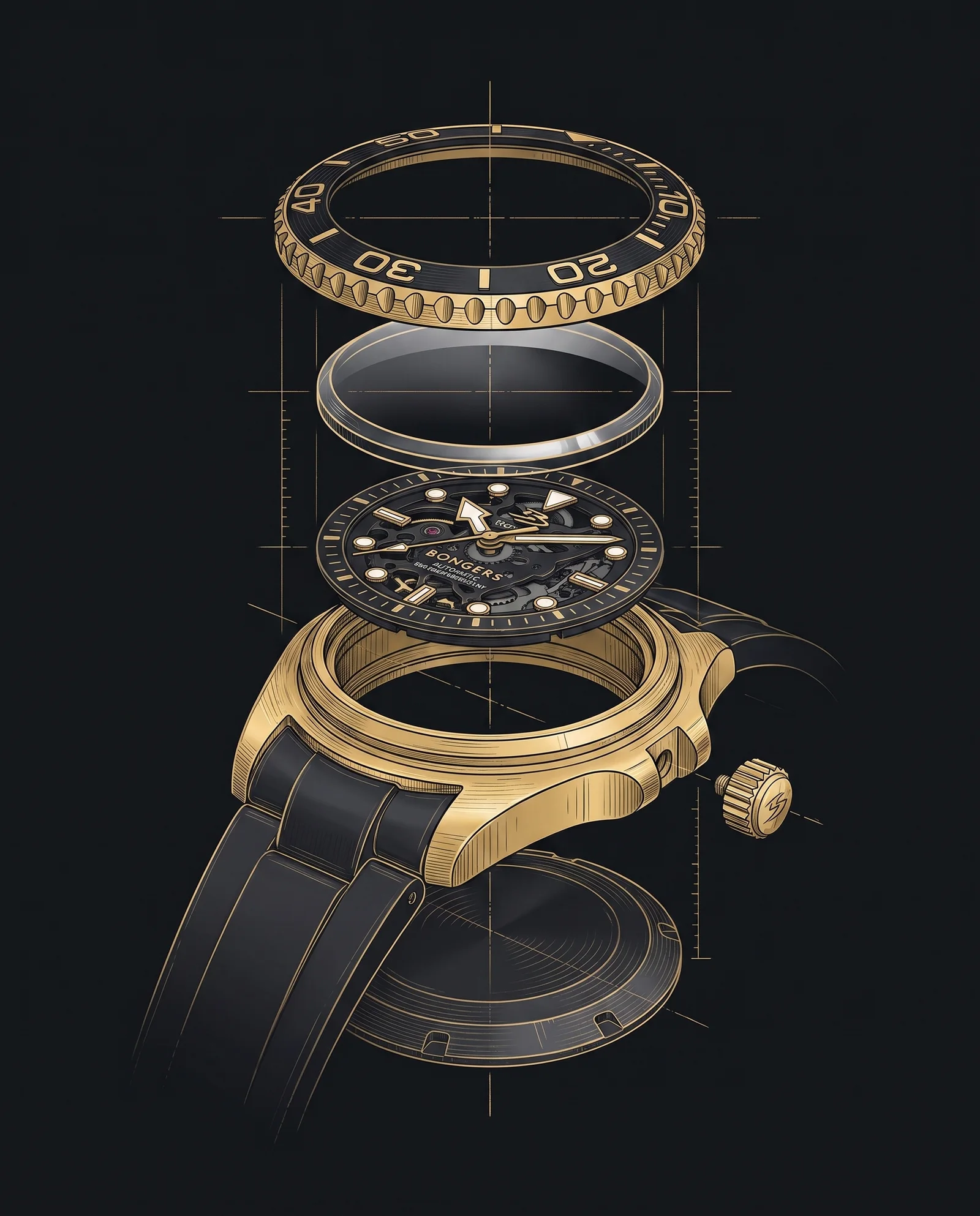 Exploded illustration of a Naevum watch
