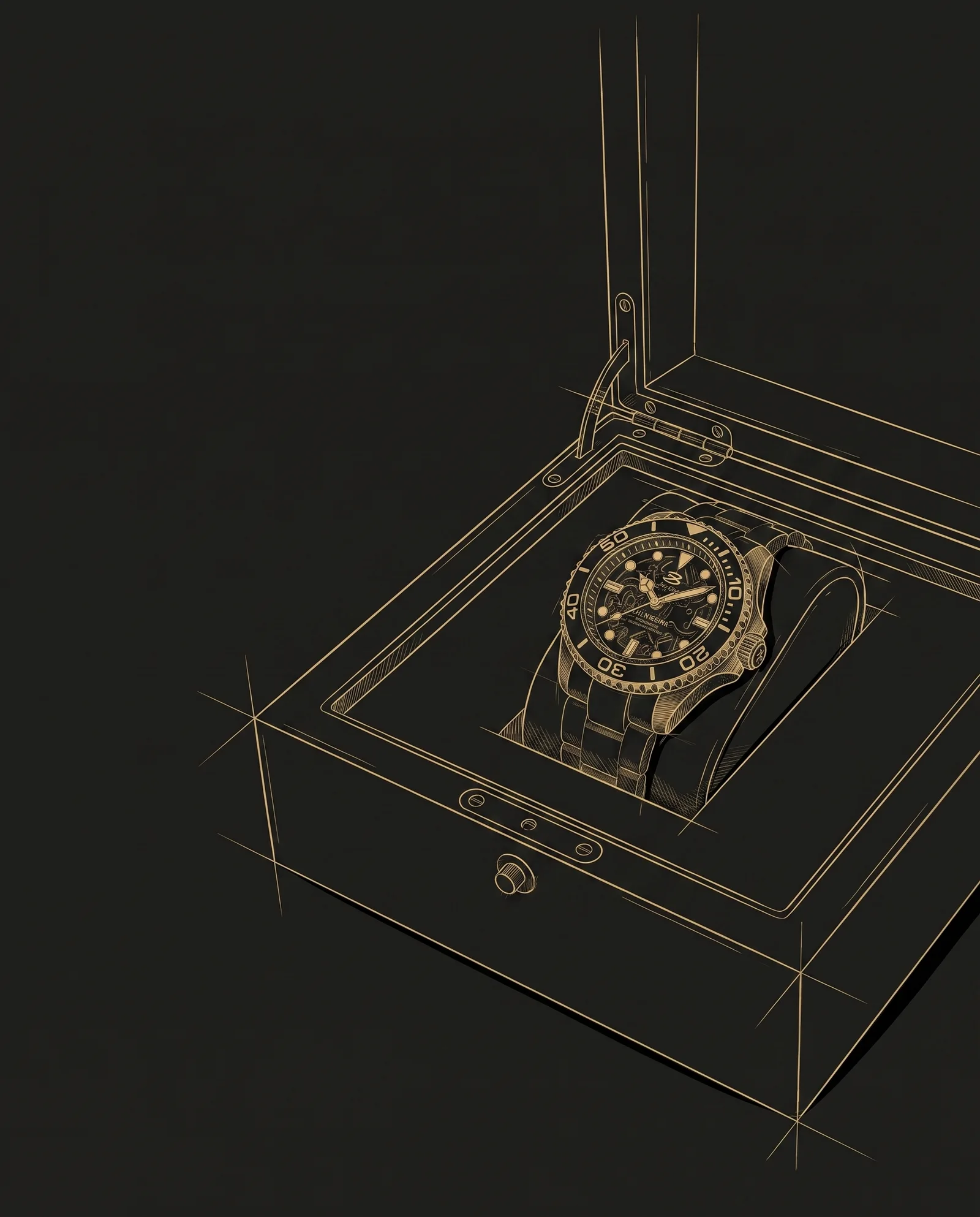 Line sketch of a Naevum watch in its presentation box