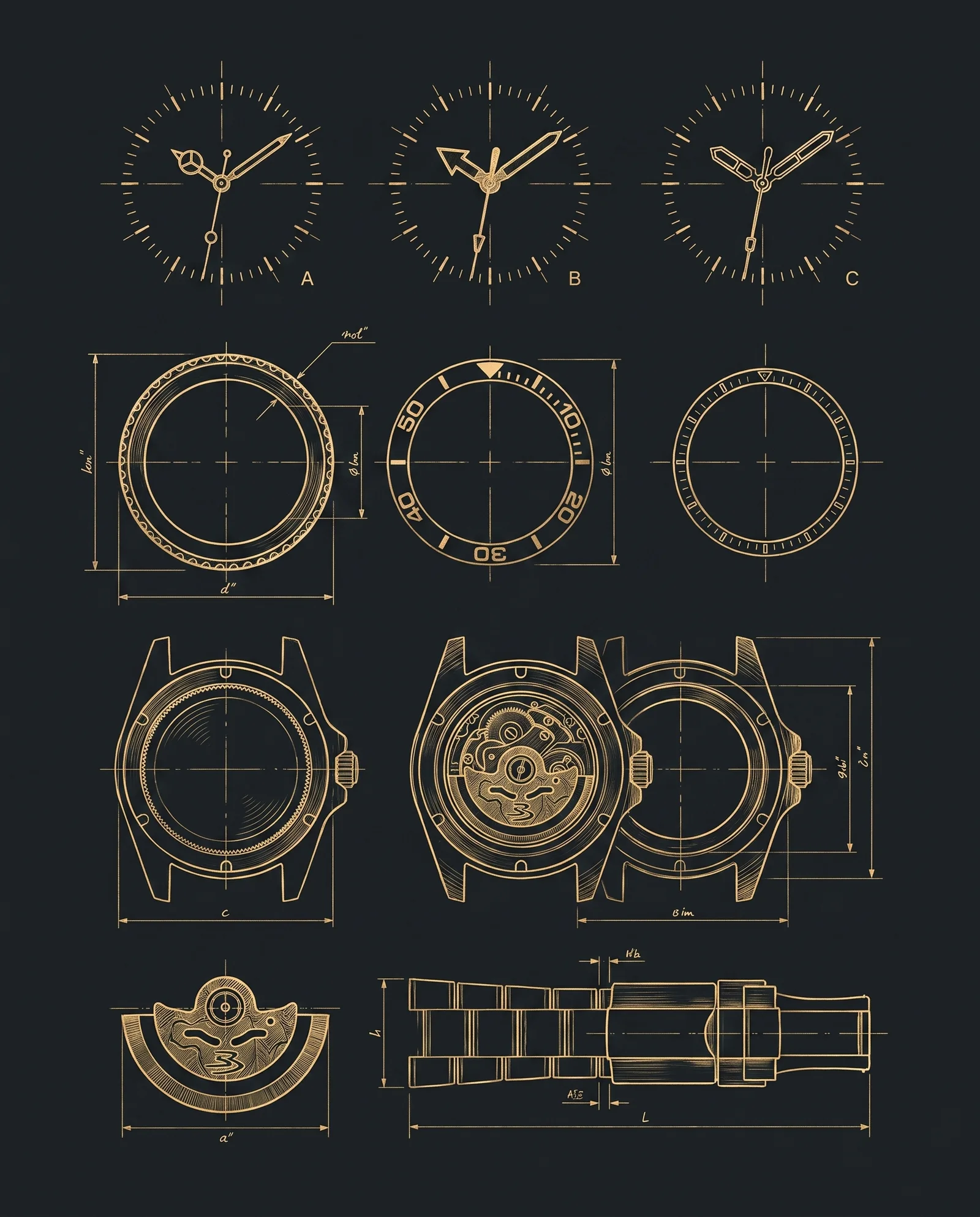 Specification sheet of hands, bezels, cases, rotor and bracelet