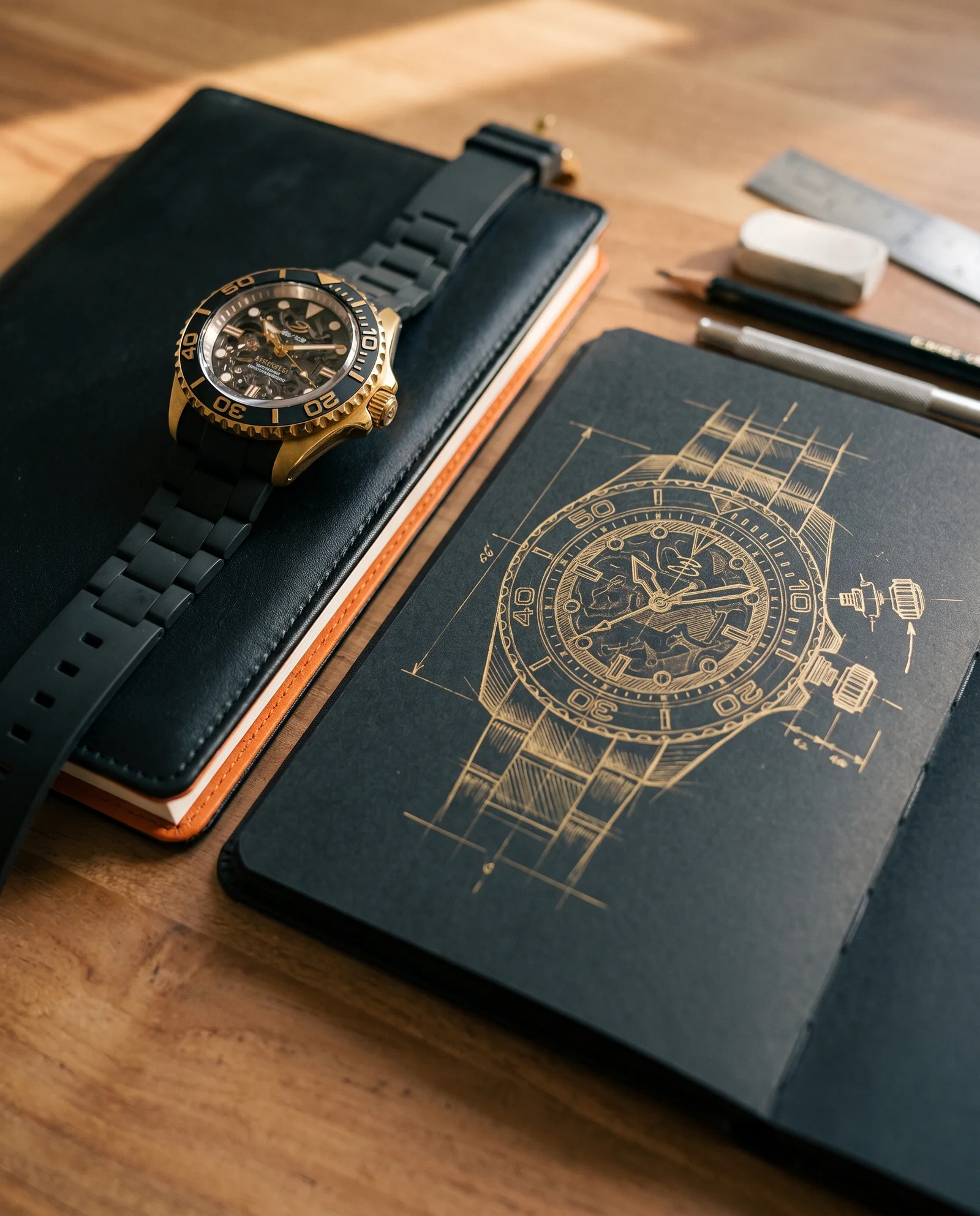 A Naevum watch beside its gold-ink design sketch